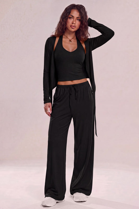 3pc Crop Tank Wrap Cardigan & Wide Leg Pants Set